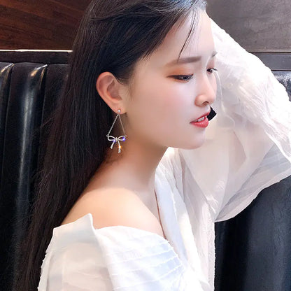 Bowknot Earrings with Zirconia - Fashionable Long Dangles
