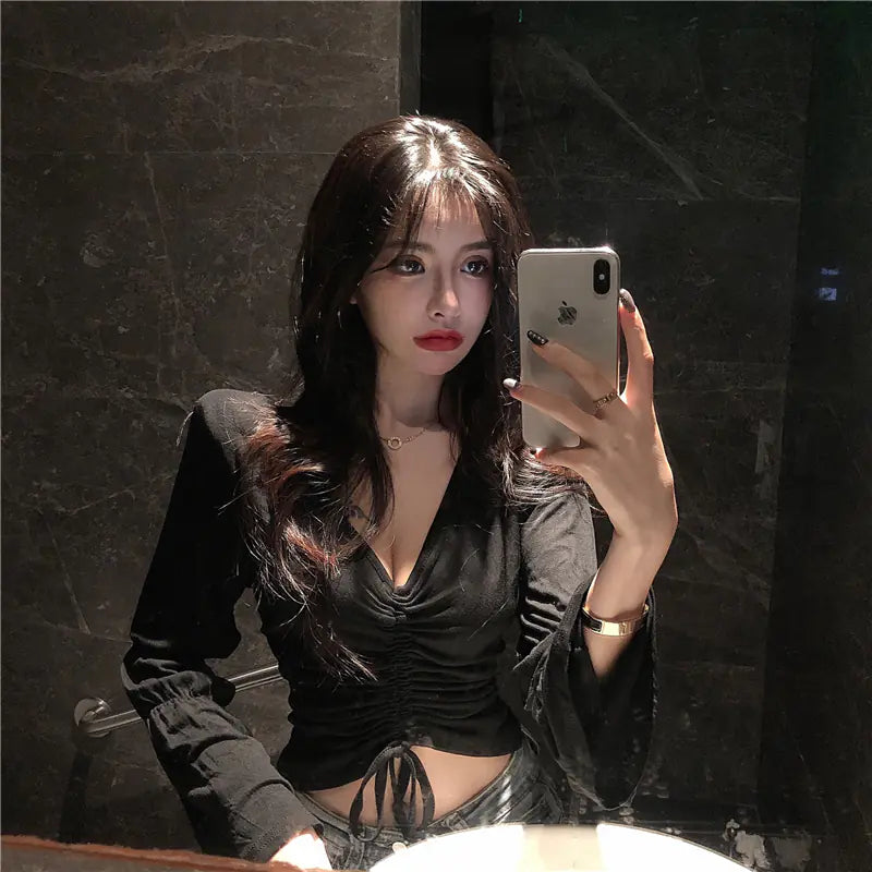 V-Neck Long Sleeve Drawstring Top with Flare Sleeves