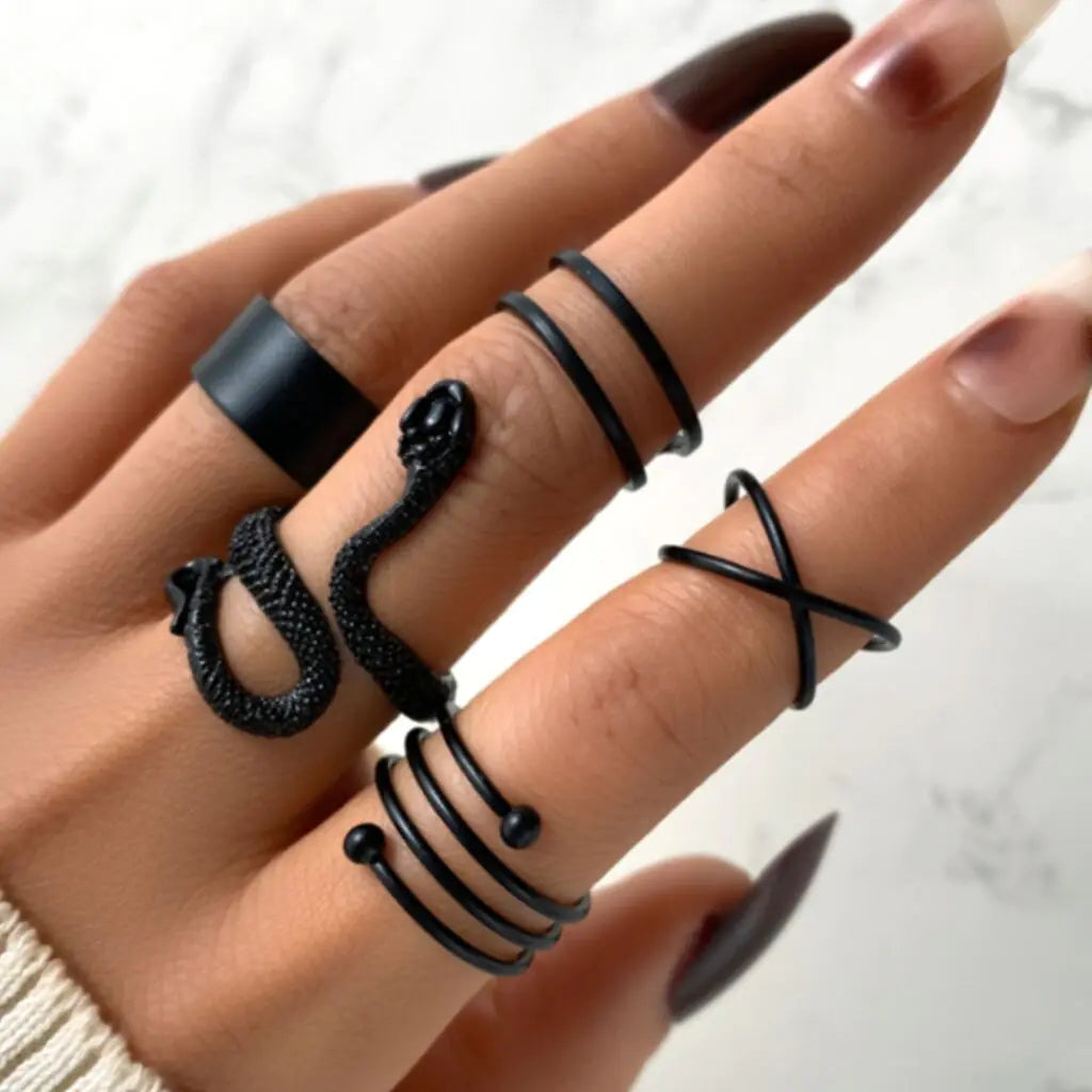 5-Piece Black Joint Snake Ring Set for Fingers
