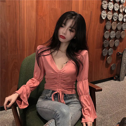 V-Neck Long Sleeve Drawstring Top with Flare Sleeves