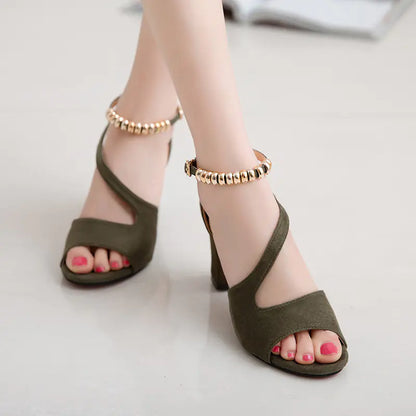Summer New European Style Buckle Suede Heeled Sandals