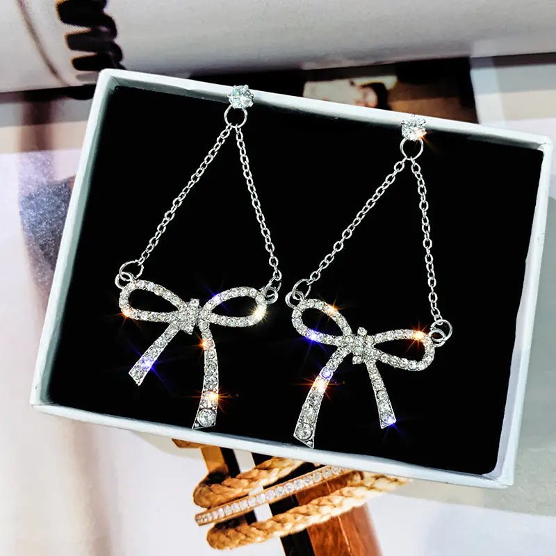 Bowknot Earrings with Zirconia - Fashionable Long Dangles