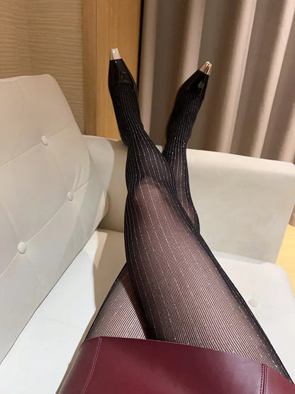 Bright Silk Black Stockings with Vertical Pattern Design