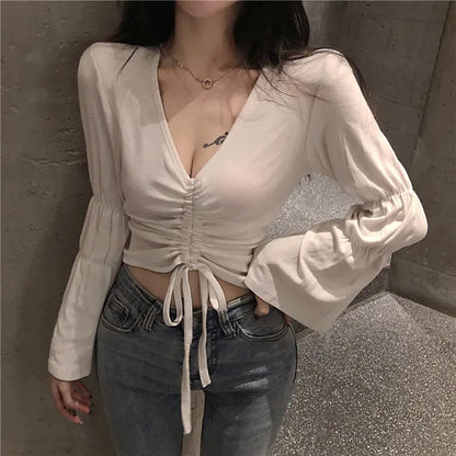 V-Neck Long Sleeve Drawstring Top with Flare Sleeves