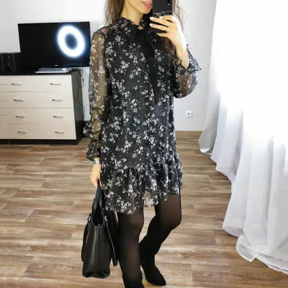 Fresh Floral Round Neck Long Sleeve Chiffon Dress